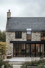 Modern stone house with large glass windows set in a lush garden at dusk, showcasing contemporary design and rustic charm in a tranquil location