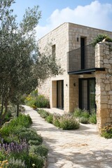 Fototapeta premium Charming stone house surrounded by lush gardens and olive trees in a tranquil setting with clear blue skies, evoking a sense of peace and natural beauty