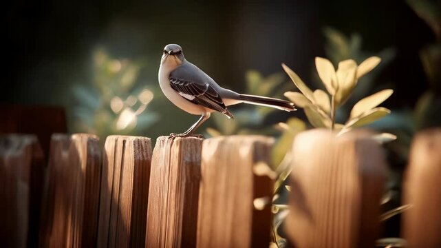 Mockingbird perched atop a weathered wooden fence in a natural outdoor garden environment