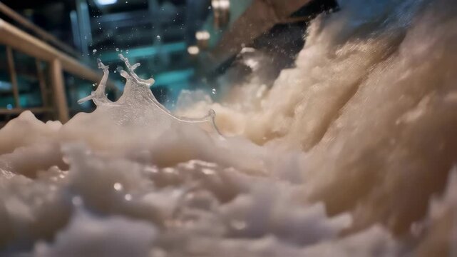 Swirling liquid with fine particles of cellulose flows amidst foamy bubbles, surrounded by high tech equipment in a paper mill, showcasing the pulping process
