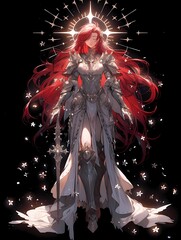 Obraz premium Red haired fantasy warrior, shining armor, halo effect, sword in hand, dark background, illustration.