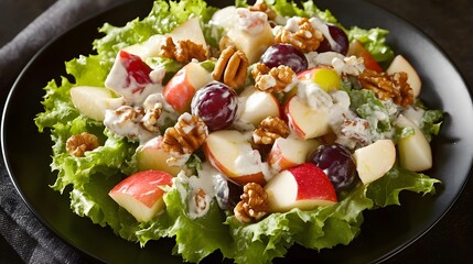 Waldorf salad with apples grapes walnuts and lettuce dressed in mayonnaise served on black plate American classic salad overlay cut out on isolated transparent removed background