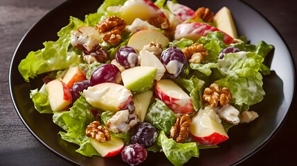 Waldorf salad with apples grapes walnuts and lettuce dressed in mayonnaise served on black plate American classic salad overlay cut out on isolated transparent removed background