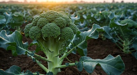 Broccoli growing in field, background sunset for agricultural use