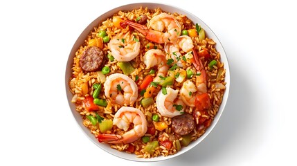 Spicy jambalaya rice with shrimp sausage and vegetables top down image on white background American Cajun cuisine overlay cut out on isolated transparent removed background