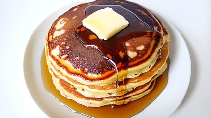 Stack of golden pancakes topped with butter and syrup top down view on minimal white background American breakfast staple overlay cut out on isolated transparent removed background