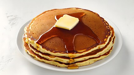 Stack of golden pancakes topped with butter and syrup top down view on minimal white background American breakfast staple overlay cut out on isolated transparent removed background