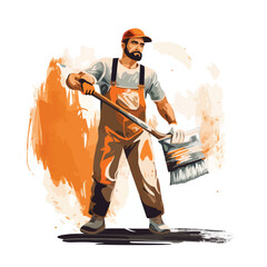Professional Worker Using Paint Roller to Paint Character Illustration