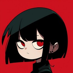 Anime illustration of a young girl with black hair, red eyes, and a mole, wearing a simple black outfit against a solid red background.