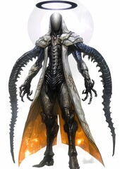 Powerful mystical being white background intricate gray black armor orange white accents wings glowing halo fantasy art