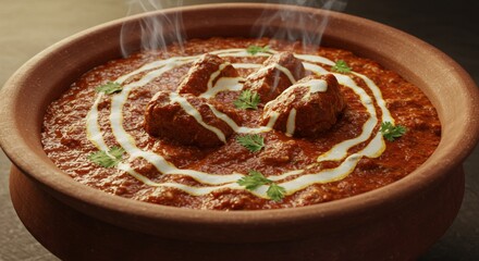 Delicious indian butter chicken masala dish in clay pot red hot eat food warm meal herb curry spicy