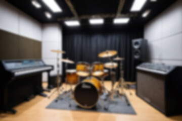 Blurred music studio interior, featuring musical instruments such as guitars and drums neatly lined up, modern classical theme, blurred music studio background.
