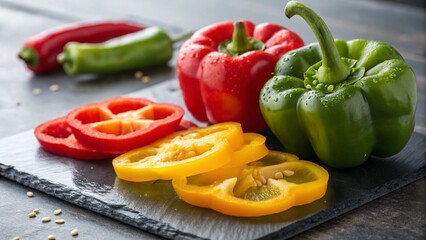 Fresh Bell Peppers in Slices and Whole on Dark Slate Board