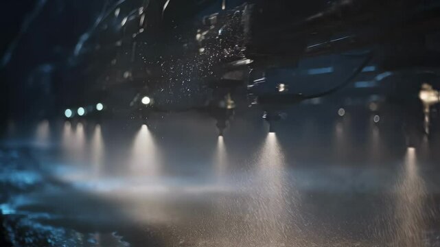Industrial robotic sprayers synchronized in dark space, projecting chalk with precision, generating mesmerizing light beams and dust particles during automated agricultural process