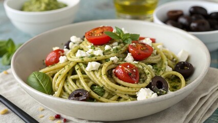 Delicious Pesto Pasta with Cherry Tomatoes Feta Cheese and Olives