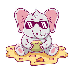 Cartoon elephant is sitting on the beach with sunglasses