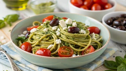 Delicious pesto pasta with tomatoes olives and feta cheese in a bowl