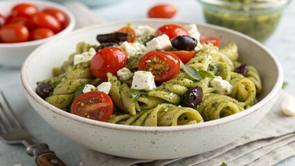Pasta Salad with Pesto Cherry Tomatoes Feta and Olives in Bowl
