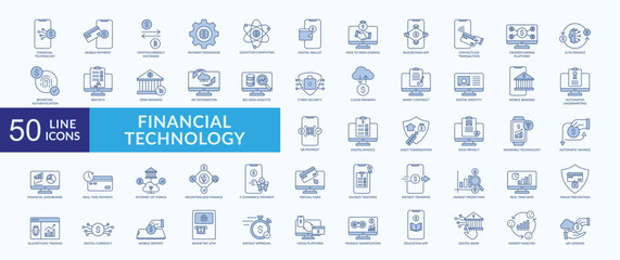 Financial technology icon collection set with mobile payment, digital wallet, contactless transaction, big data analytic, cyber security