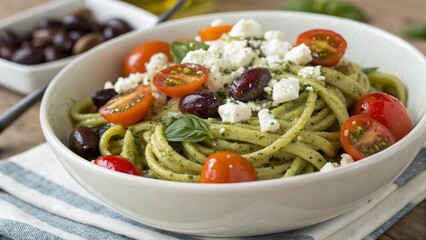 Delicious Pesto Pasta Salad with Tomatoes Olives and Feta Cheese