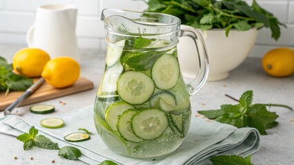 Refreshing cucumber and mint infused water in a glass pitcher on counter