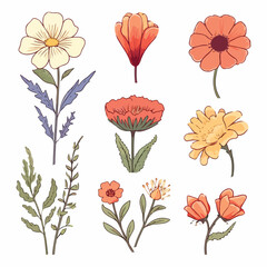 Colorful Set of Six Cute Flower Icons for Floral Designs and Decorative Purposes