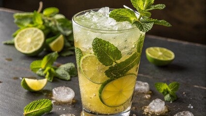 Refreshing Mojito Cocktail with Lime and Mint on a Dark Surface