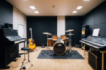Blurred music studio interior, featuring musical instruments such as guitars and drums neatly lined up, modern classical theme, blurred music studio background.
