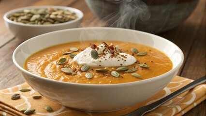 Hot Butternut Squash Soup Topped with Cream and Pumpkin Seeds