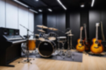 Blurred music studio interior, featuring musical instruments such as guitars and drums neatly lined up, modern classical theme, blurred music studio background.