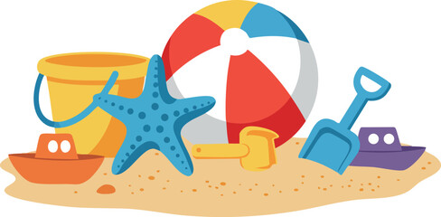 Naklejka premium Beach toys with bucket starfish shovel and colorful ball on sand vector illustration 
