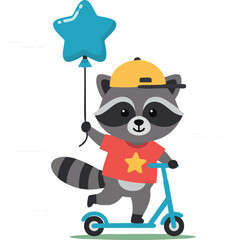 Raccoon riding blue scooter holding star shaped balloon in yellow cap and red shirt vector illustration 
