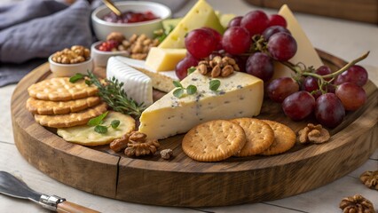 Elegant Cheese Board with Grapes Crackers and Jams for Entertaining