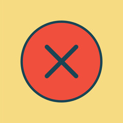 Flat Design Red Button with Cross Sign Inside Dark Border on Light Yellow Backdrop for Alert or Denied Status