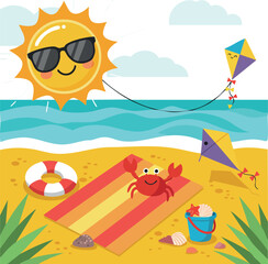 Sun with sunglasses and happy crab on beach with kites summer scene vector illustration 