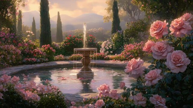 Serene rose garden fountain