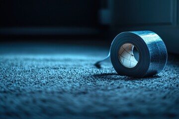 Rolled adhesive tape on a carpeted floor.