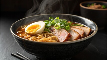Bowl of Delicious Ramen Noodle Soup with Pork and Egg