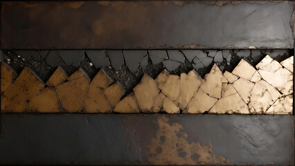 A vertically split metallic slab with jagged cracks and corroded texture