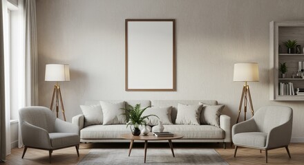 3D Render of Bright Living Room Interior with Minimalist Furniture