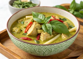 Authentic Thai Green Curry with Tofu and Fresh Basil Leaves