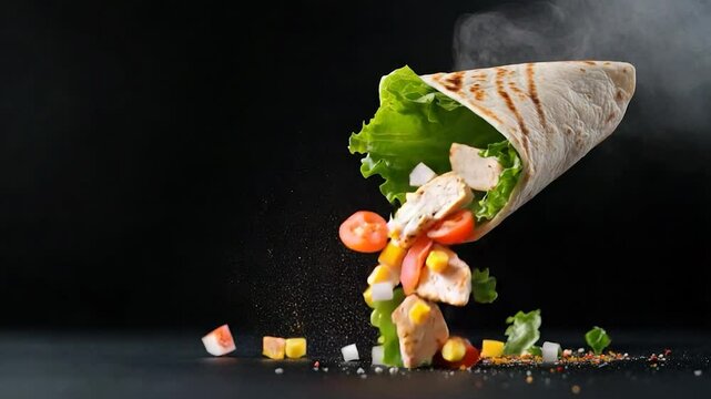 Savory chicken wrap with fresh vegetables and a dark background in a studio setting