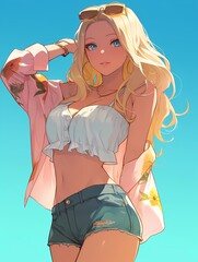 Anime illustration of a blonde-haired person with blue eyes in a stylish outfit including floral jacket and sunglasses, blue sky.