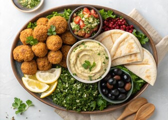 Delicious Middle Eastern Mezze Platter with Falafel Hummus and Pita Bread