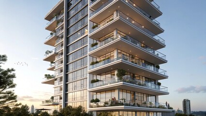 Modern High Rise Apartment Building with Balconies at Sunset