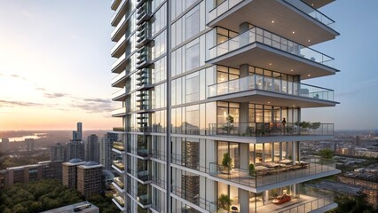 Modern High Rise Apartment Building with Balconies at Sunset
