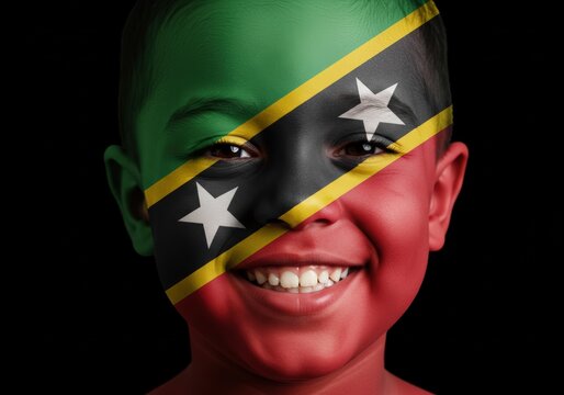 A smiling child with the st. kitts and nevis flag painted on their face, stands out.