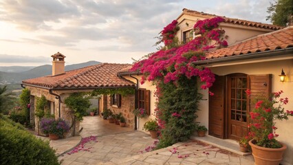 Beautiful Tuscan Villa with Bougainvillea Flowers and Stone Patio at Sunset
