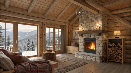 Cozy Log Cabin Interior with Fireplace and Winter Mountain View