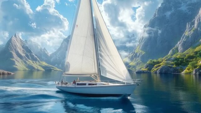The white sailboat glided smoothly across the calm blue sea under the bright sunny sky.